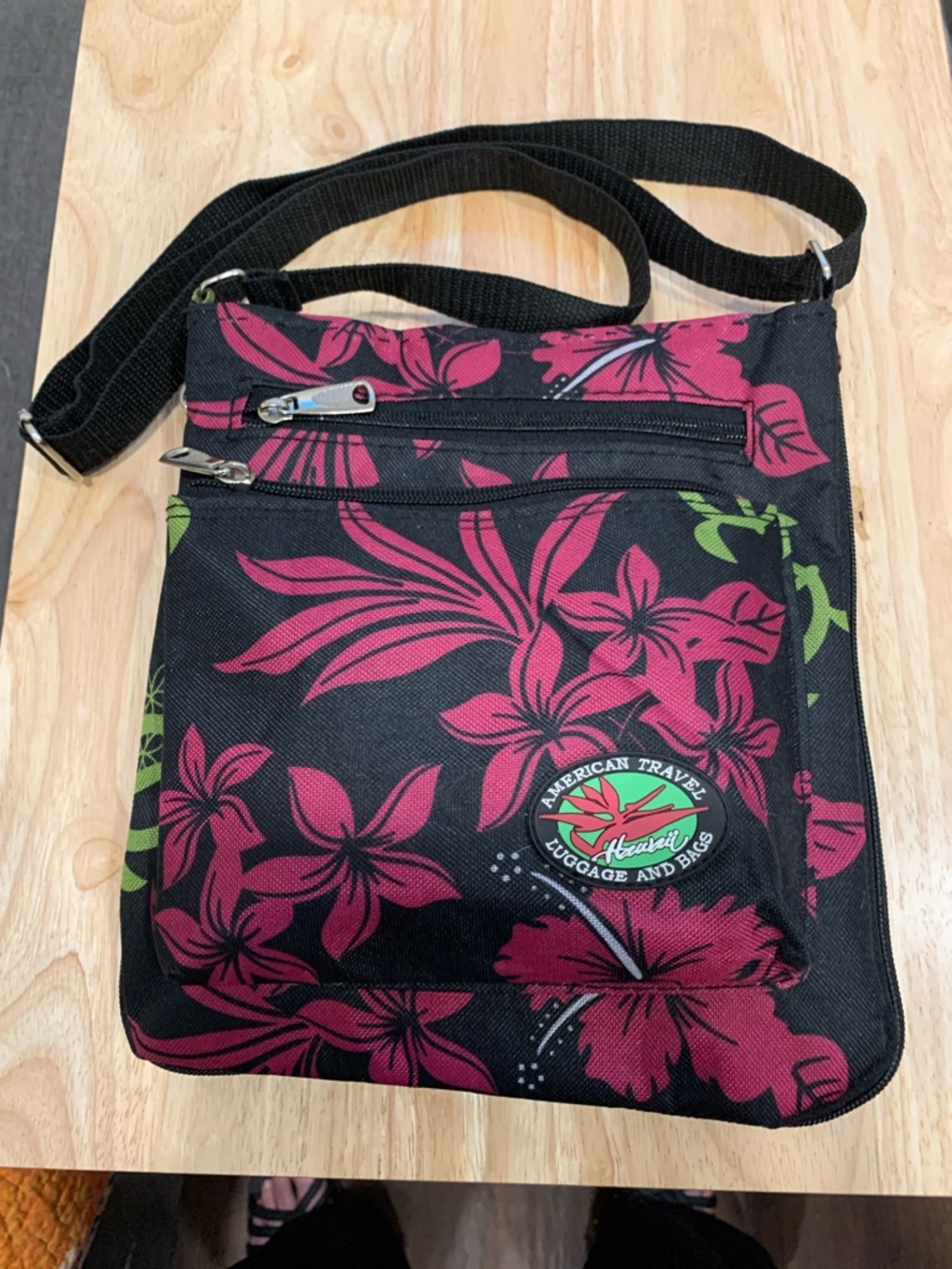 Black Crossbody Bag with Magenta Floral Print